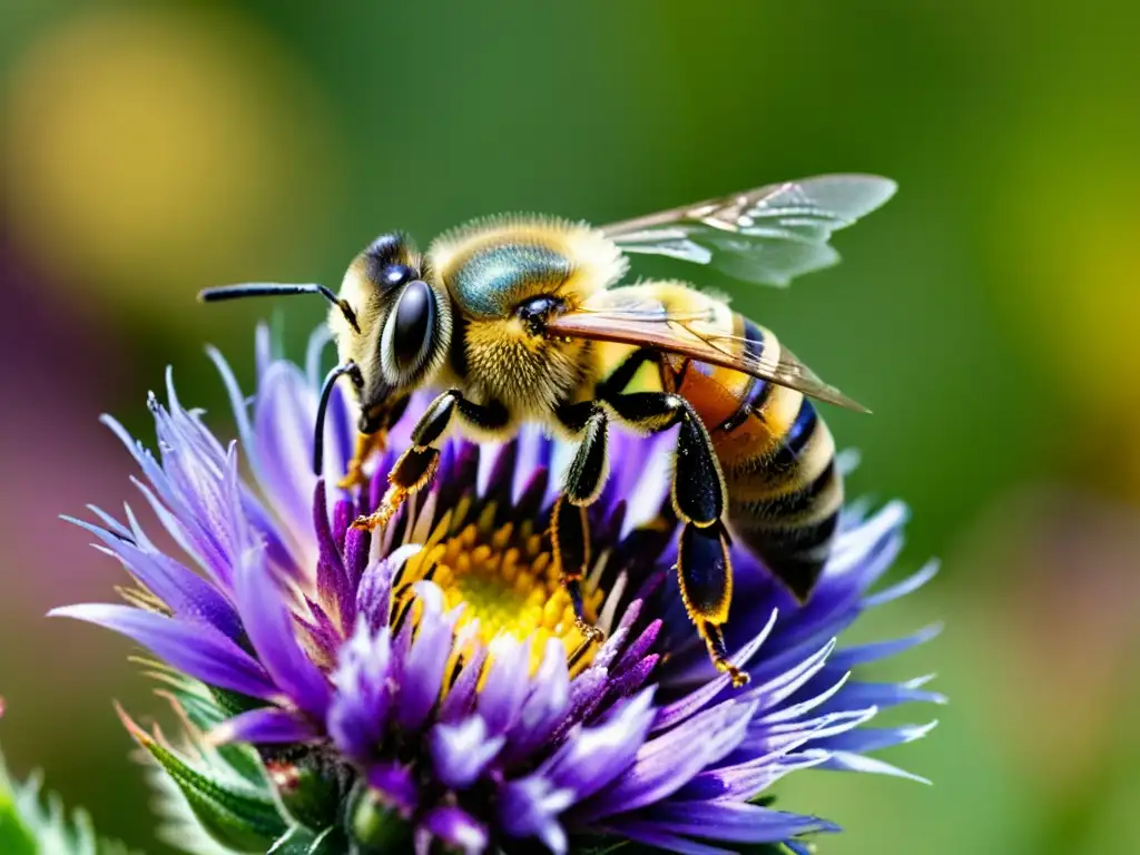 Una abeja cubierta de polen dorado, revoloteando sobre una flor morada mientras la luz del sol brilla en sus alas iridiscentes