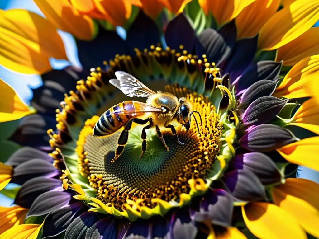 Una abeja recolectando polen de una brillante flor de girasol, destacando los beneficios del polen de abeja para el sistema inmune