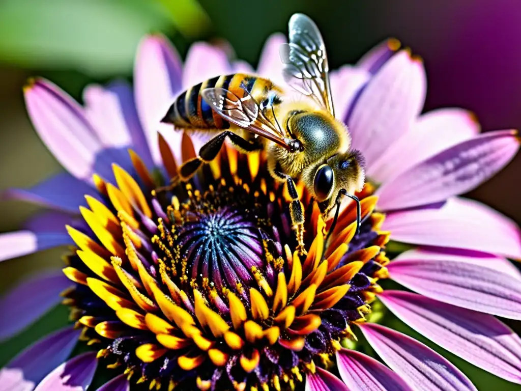 Una abeja recolecta polen de una coneflower morada