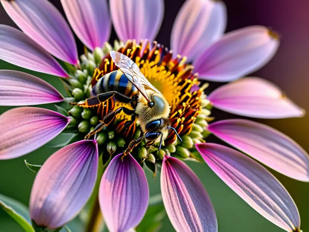 Una abeja recolectando polen de una flor morada, con beneficios del polen de abeja para el sistema inmune