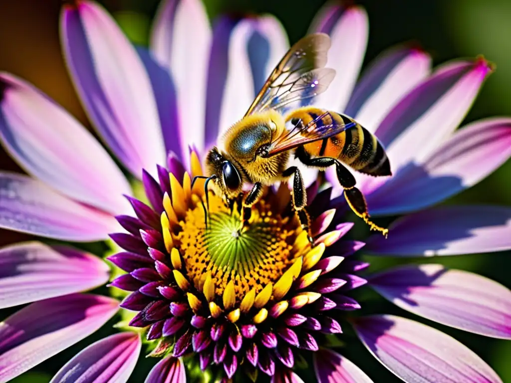 Una abeja recolectando polen de una flor morada, mostrando la belleza natural y la relación simbiótica