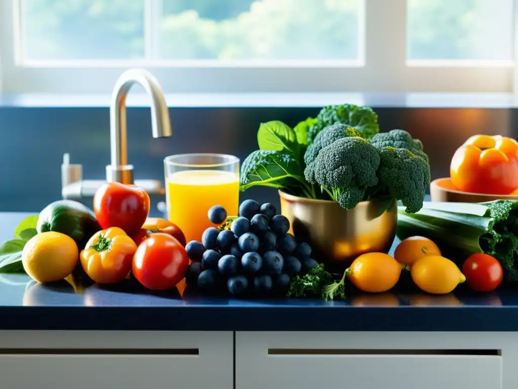 Una abundante variedad de frutas y verduras coloridas, bañadas por una suave luz dorada, evocando alimentos funcionales para fortalecer inmunidad