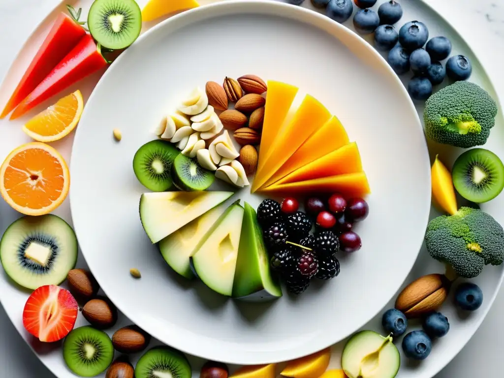 Una abundante y vibrante variedad de frutas, verduras, frutos secos y semillas dispuestos en un patrón circular en un plato blanco