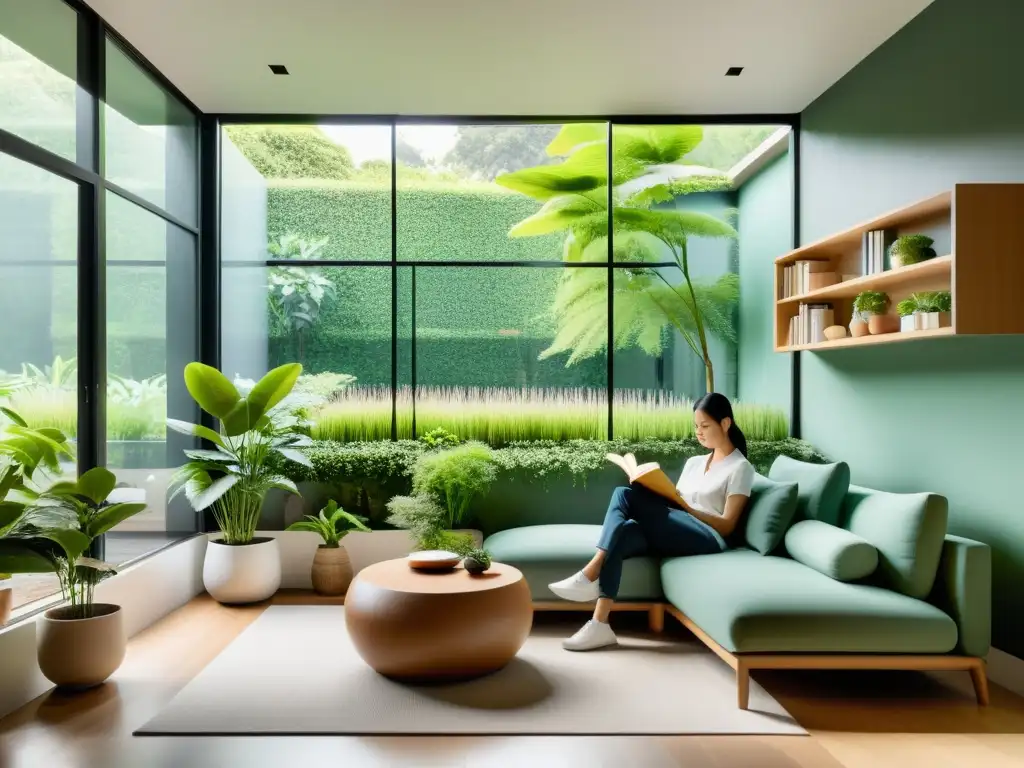 Acogedora sala de estar con influencia minimalista y vistas a un jardín verde