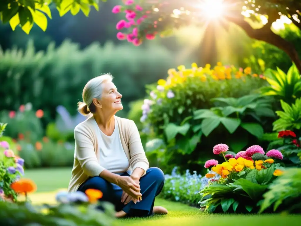 Un adulto mayor disfruta de la serenidad de un jardín con flores vibrantes, irradiando bienestar