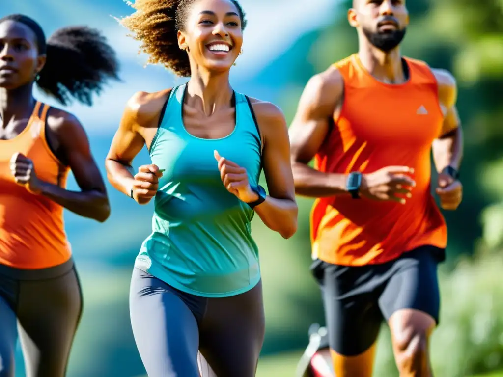 Un alegre grupo de personas participa en diversas actividades al aire libre, como correr, hacer yoga y andar en bicicleta