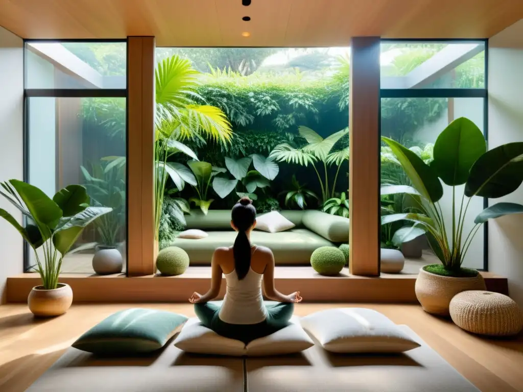 Ambiente sereno de meditación con luz natural y plantas