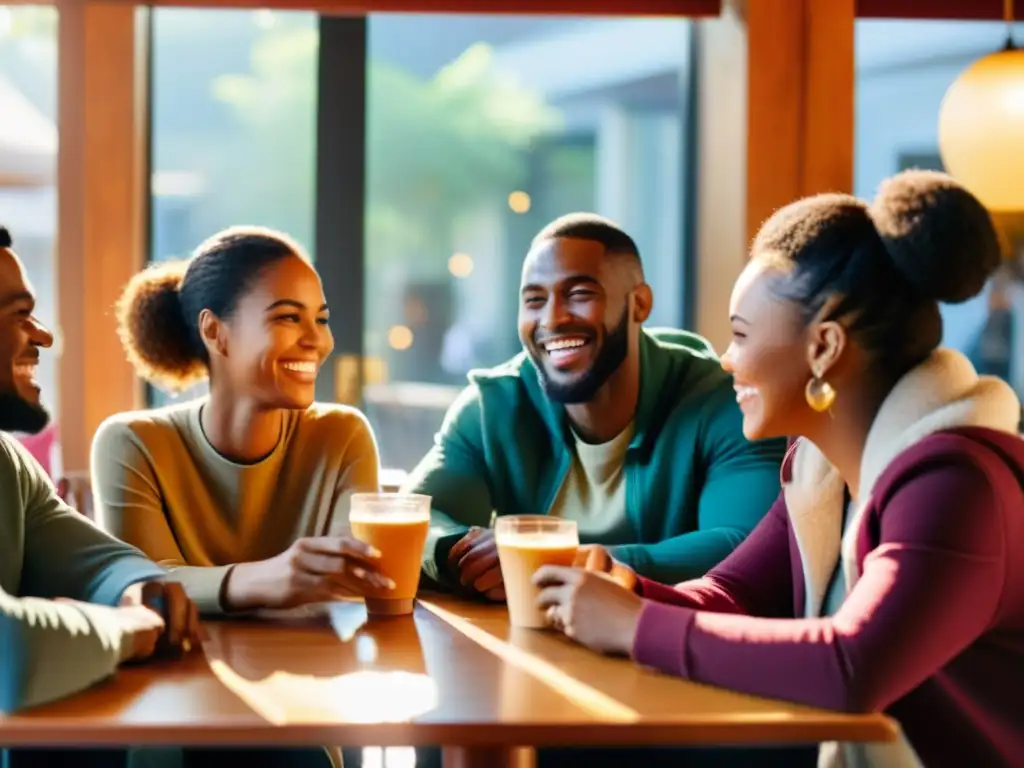 Amigos conversando animadamente en un café acogedor, resaltados por la cálida luz del sol