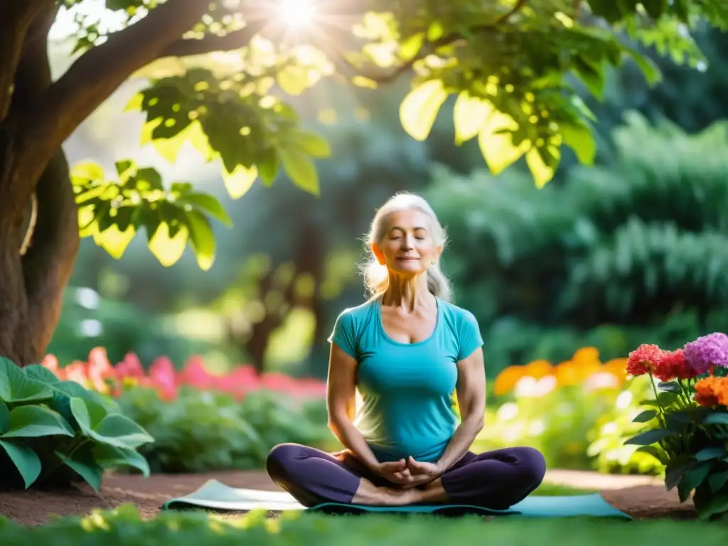 Una anciana practica yoga en un jardín exuberante, rodeada de flores vibrantes y árboles altos