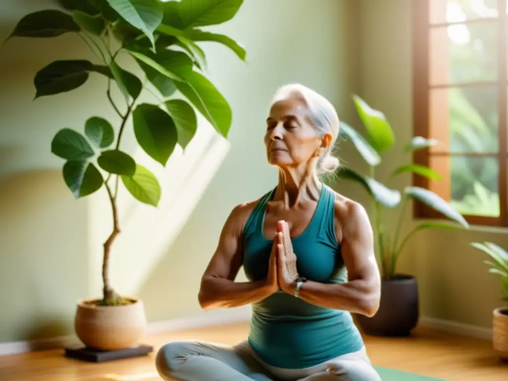 Una anciana practica yoga entre plantas verdes en una habitación soleada, demostrando equilibrio y fuerza en la postura del árbol