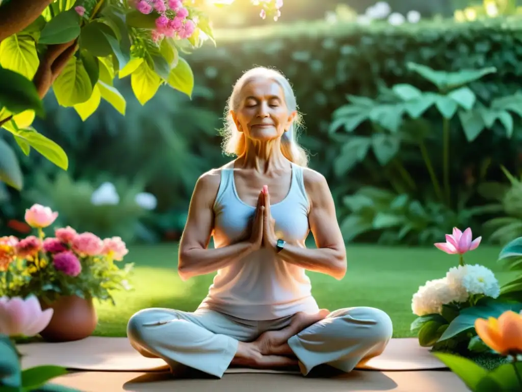 Una anciana practicando yoga en un jardín sereno, rodeada de flores vibrantes y exuberante vegetación, con expresión de paz y serenidad interior