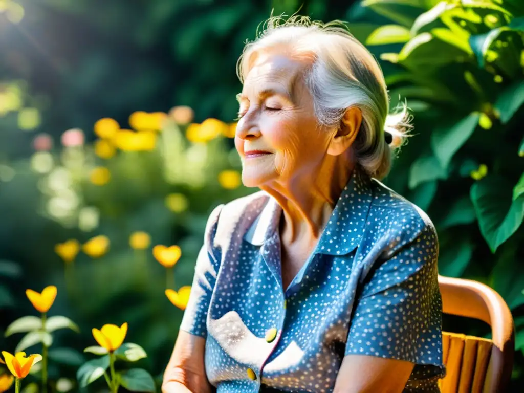 Un anciano disfrutando de un exuberante jardín con flores vibrantes, transmitiendo serenidad y fortaleza