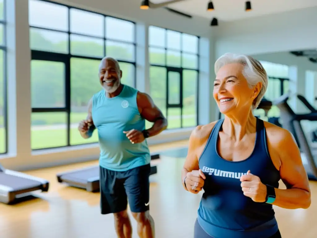 Un anciano feliz haciendo ejercicio con bandas de resistencia en un gimnasio luminoso y espacioso, con un entrenador de fitness brindando apoyo