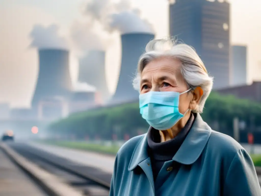 Un anciano con mascarilla en una calle llena de smog, rodeado de edificios e industrias