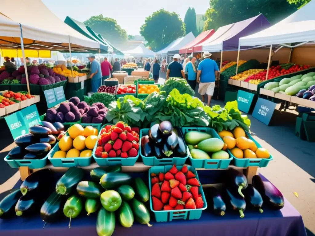 Una animada feria de agricultores con frutas y verduras coloridas bajo la suave luz de la mañana