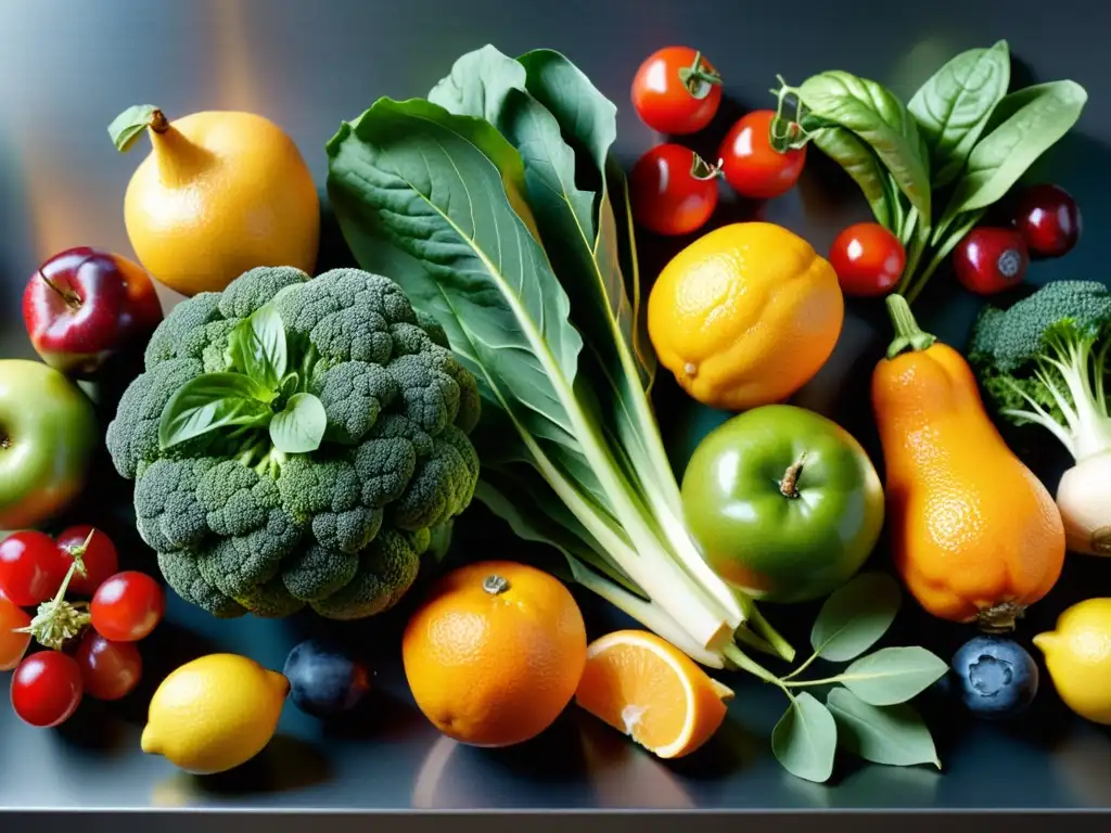 Un arcoíris de frutas y verduras frescas en una cocina moderna