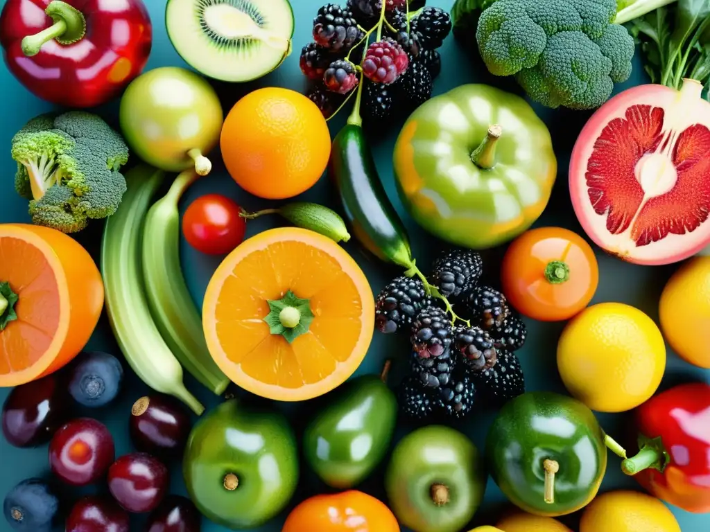 Una armoniosa y vibrante variedad de frutas y verduras frescas, organizadas con esmero, exudando vitalidad y nutrición para el sistema inmune