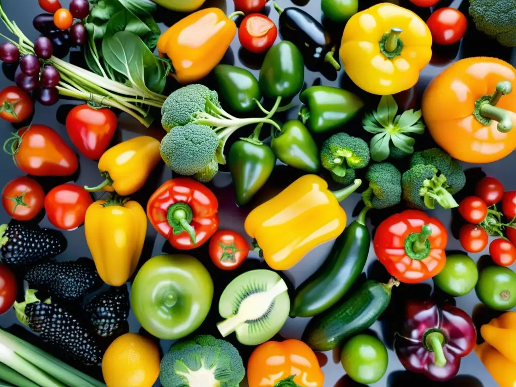 Un arreglo vibrante y detallado de frutas y verduras frescas, perfectas para fortalecer el sistema inmunológico