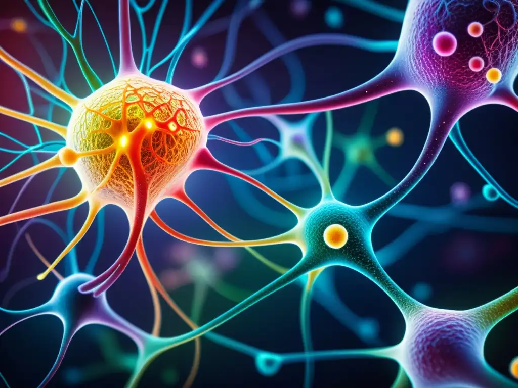 Representación artística detallada de la red de neuronas y células inmunes, mostrando los efectos de la bipolaridad en el sistema inmune