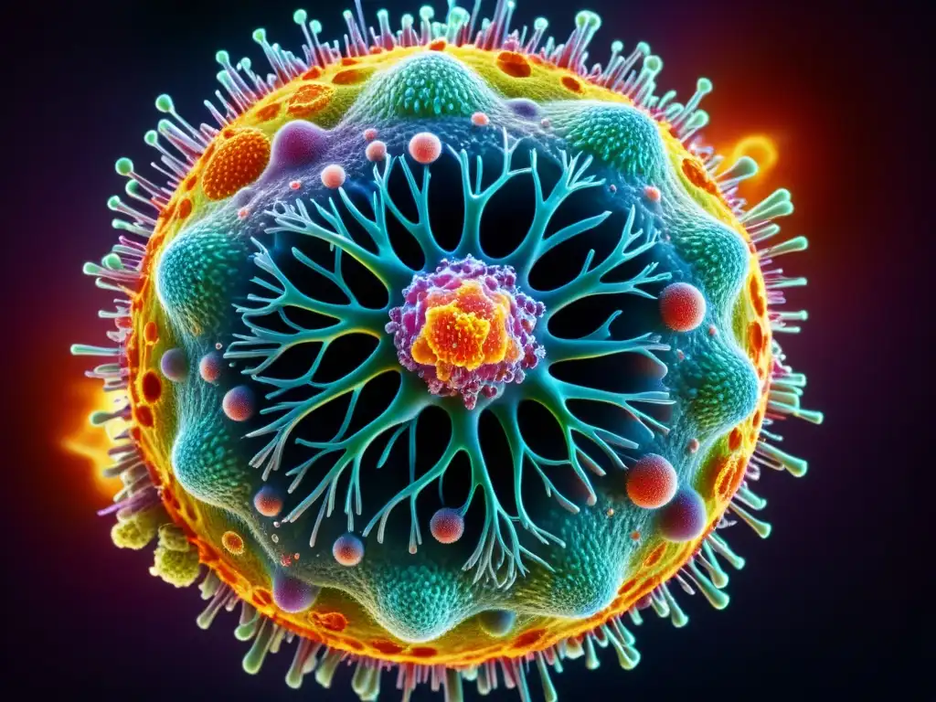 Una asombrosa representación del sistema inmunológico humano neutralizando un virus, con colores vibrantes y detalle ultrarrealista