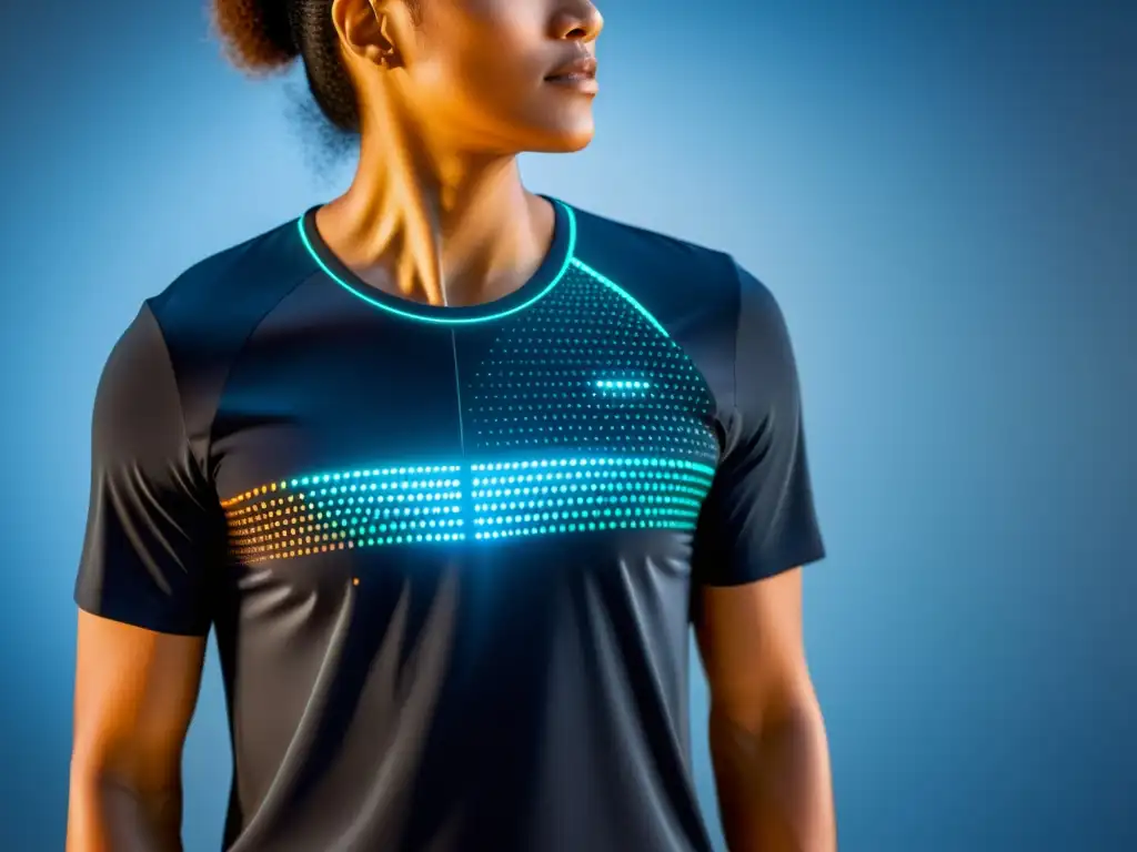 Un atleta usando una camiseta inteligente con sensores biométricos, mostrando su capacidad de monitorear la salud