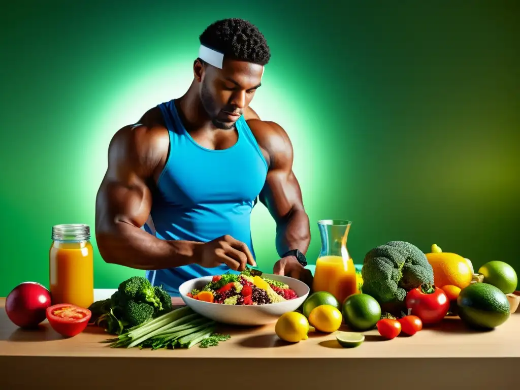 Un atleta profesional prepara con cuidado una comida balanceada y colorida, resaltando la importancia de la nutrición deportiva para el sistema inmune