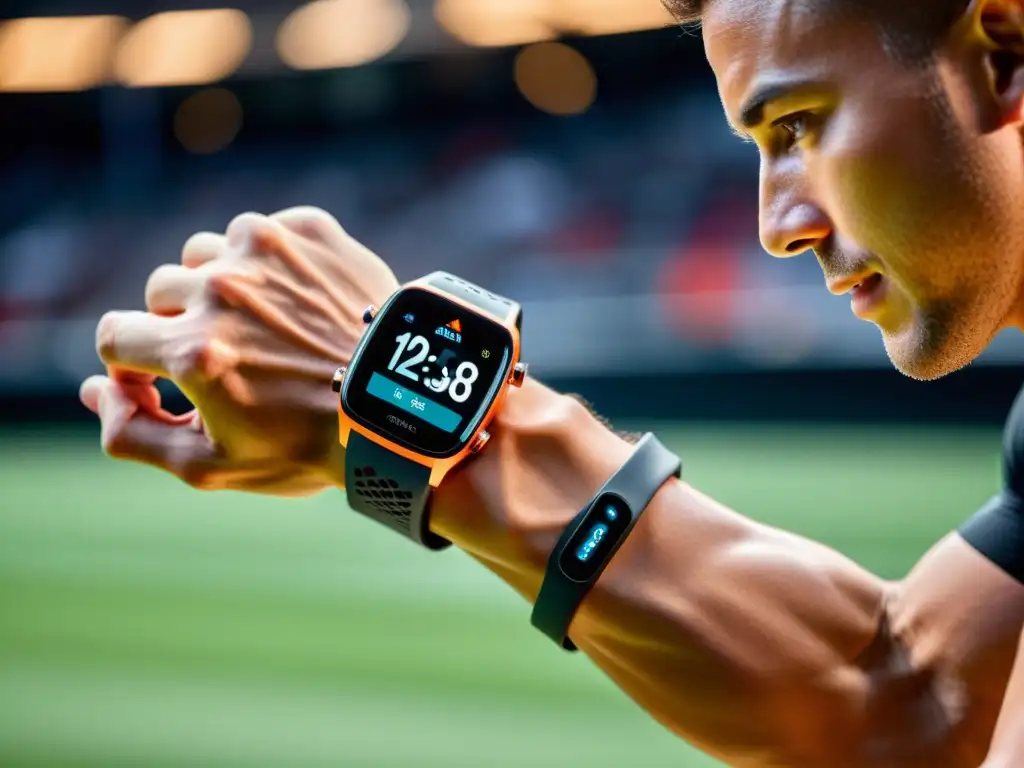 Un atleta profesional usa un dispositivo wearable que muestra datos en tiempo real de la respuesta inmune durante el ejercicio de alto rendimiento