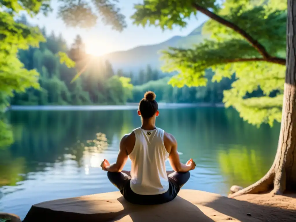 Un atleta profesional descansa en la naturaleza, en postura meditativa, transmitiendo calma y serenidad