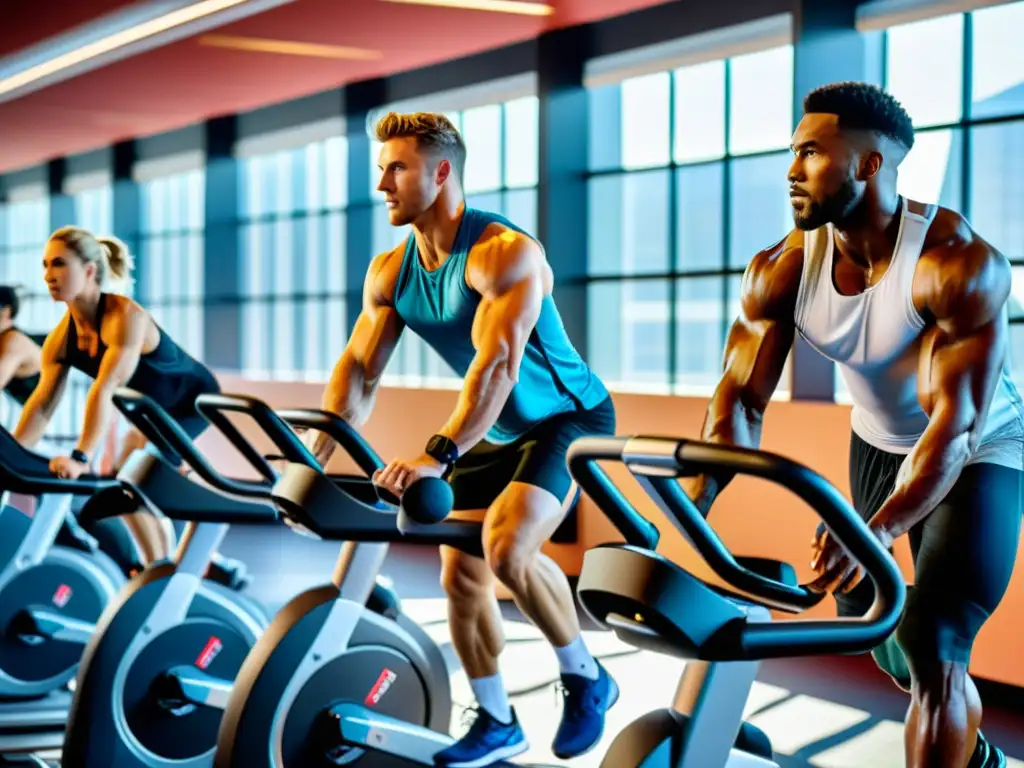 Atletas ejercitándose en un gimnasio de última generación, con equipos modernos y ventanas panorámicas