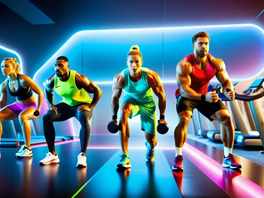 Atletas en ropa deportiva colorida entrenan en un gimnasio moderno de alta tecnología, mostrando determinación y enfoque