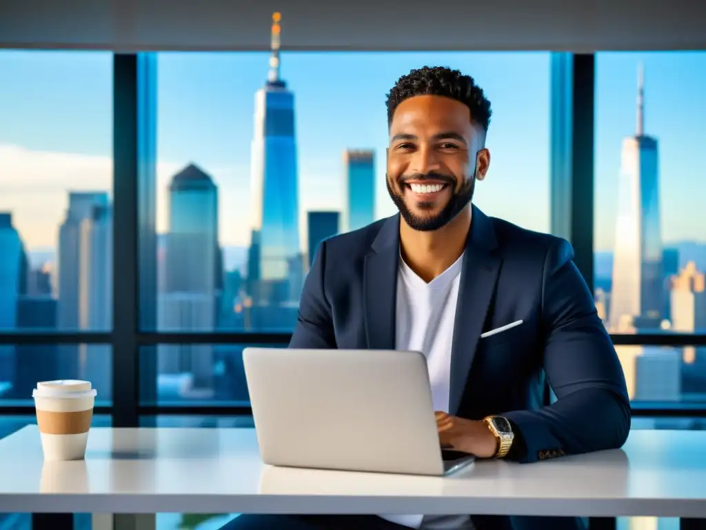 Un autónomo sonriente y seguro, trabajando en su laptop con vista a la ciudad