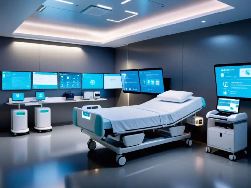 Avanzada integración IoT: habitación hospitalaria futurista con dispositivos médicos y tecnología eficiente