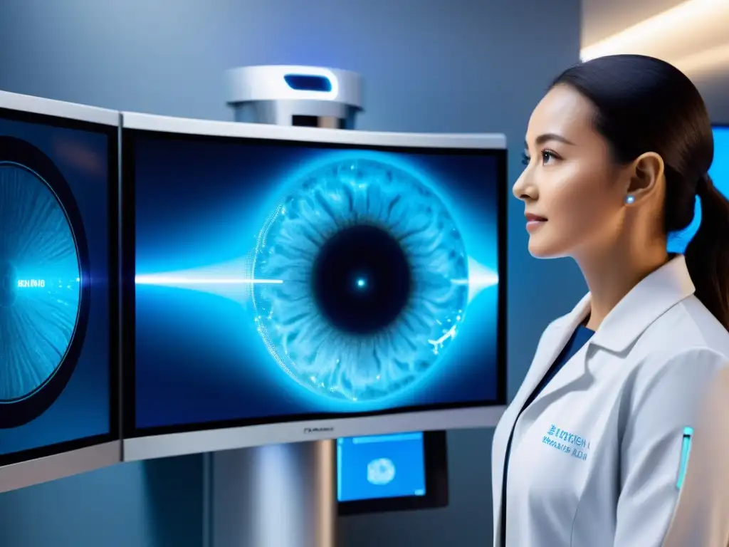 Avanzado escáner retinal en instalación médica futurista, personal analiza datos para detección precoz enfermedades autoinmunes