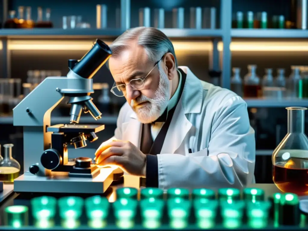 Louis Pasteur observa bacterias en su laboratorio, reflejando avances en vacunación del sistema inmunológico