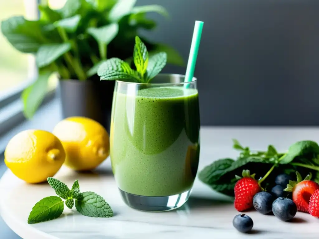 Batido verde con chía, frutas y verduras en cocina moderna