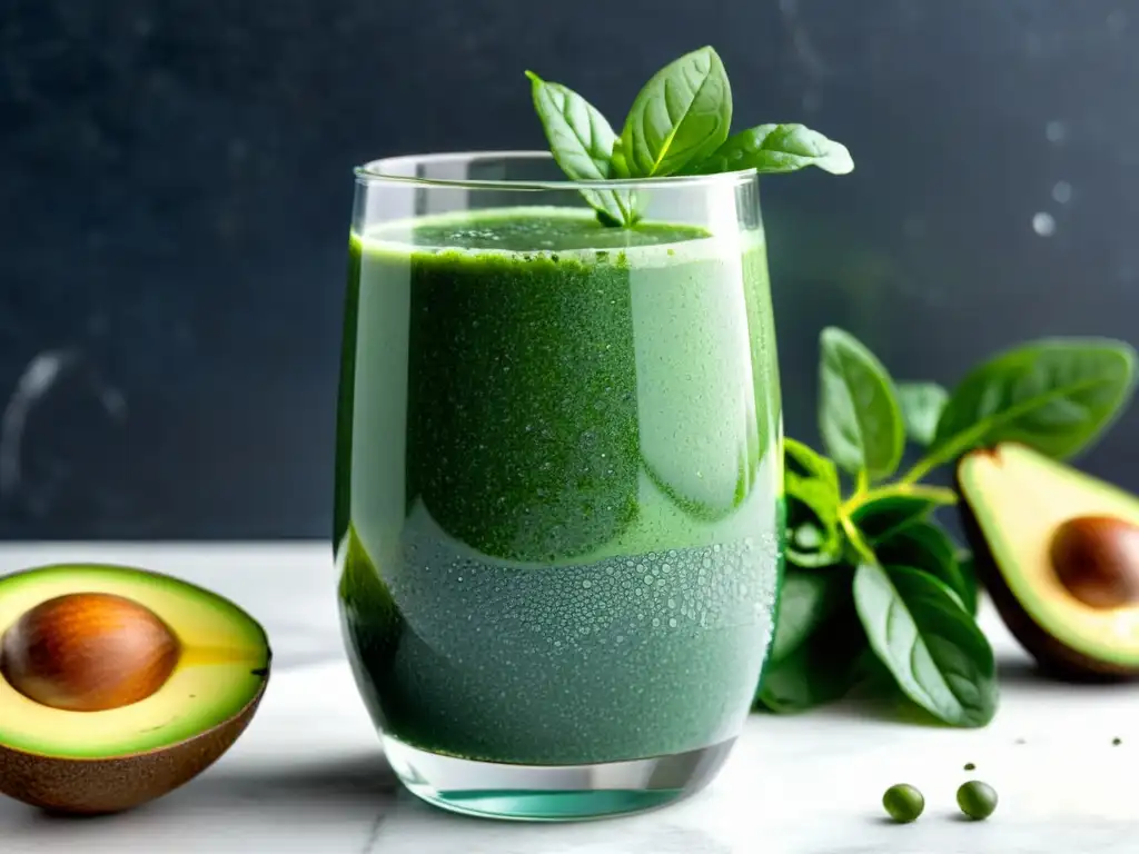 Un batido verde vibrante con espinacas, aguacate y espirulina, decorado con lima y semillas de chía