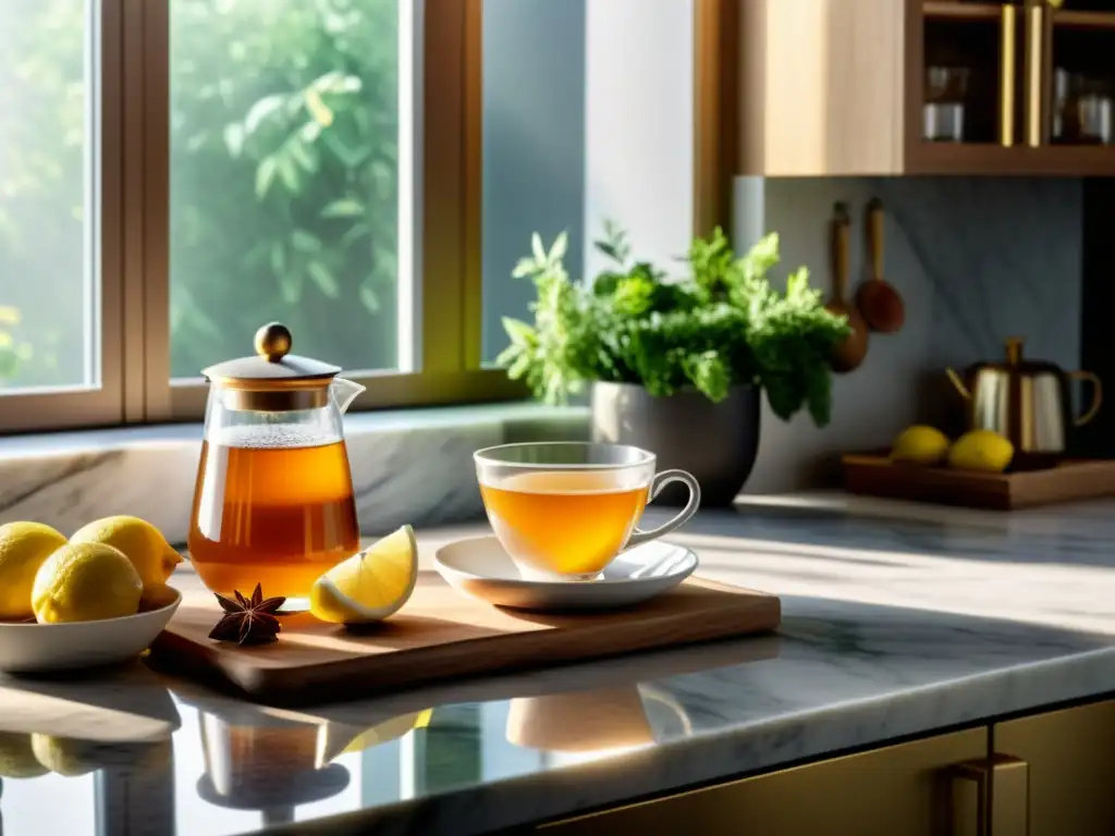 Bebidas calientes para fortalecer sistema inmunológico: una cocina moderna acogedora con una taza de té de hierbas humeante en una encimera de mármol, rodeada de ingredientes frescos como jengibre, limón y miel, bañada por la cálida luz matutina