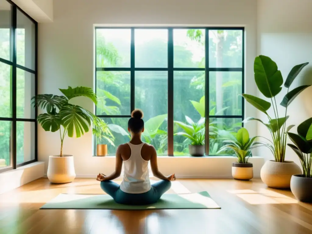 Beneficios de la meditación en inmunidad: Persona meditando en un ambiente luminoso y relajante, rodeada de plantas verdes