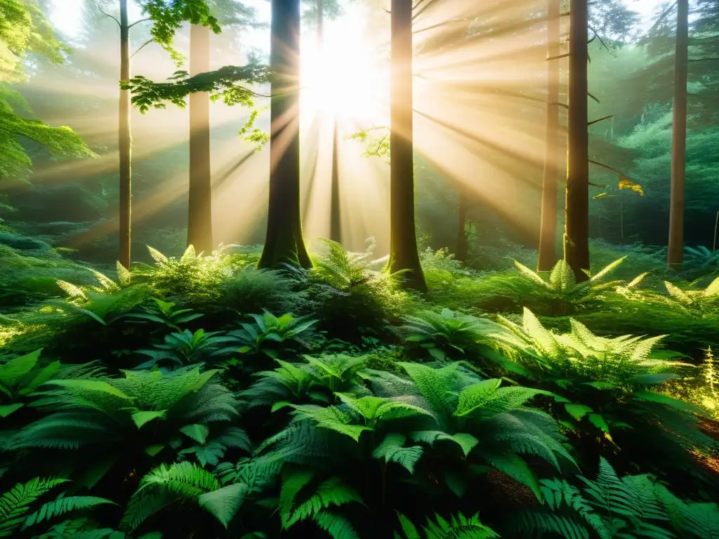 Un bosque exuberante bañado en la cálida luz del atardecer, con una diversidad de plantas