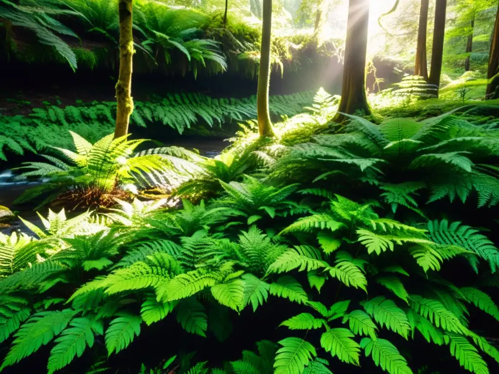 Un bosque exuberante bañado por la luz del sol, reflejando tranquilidad y vida natural