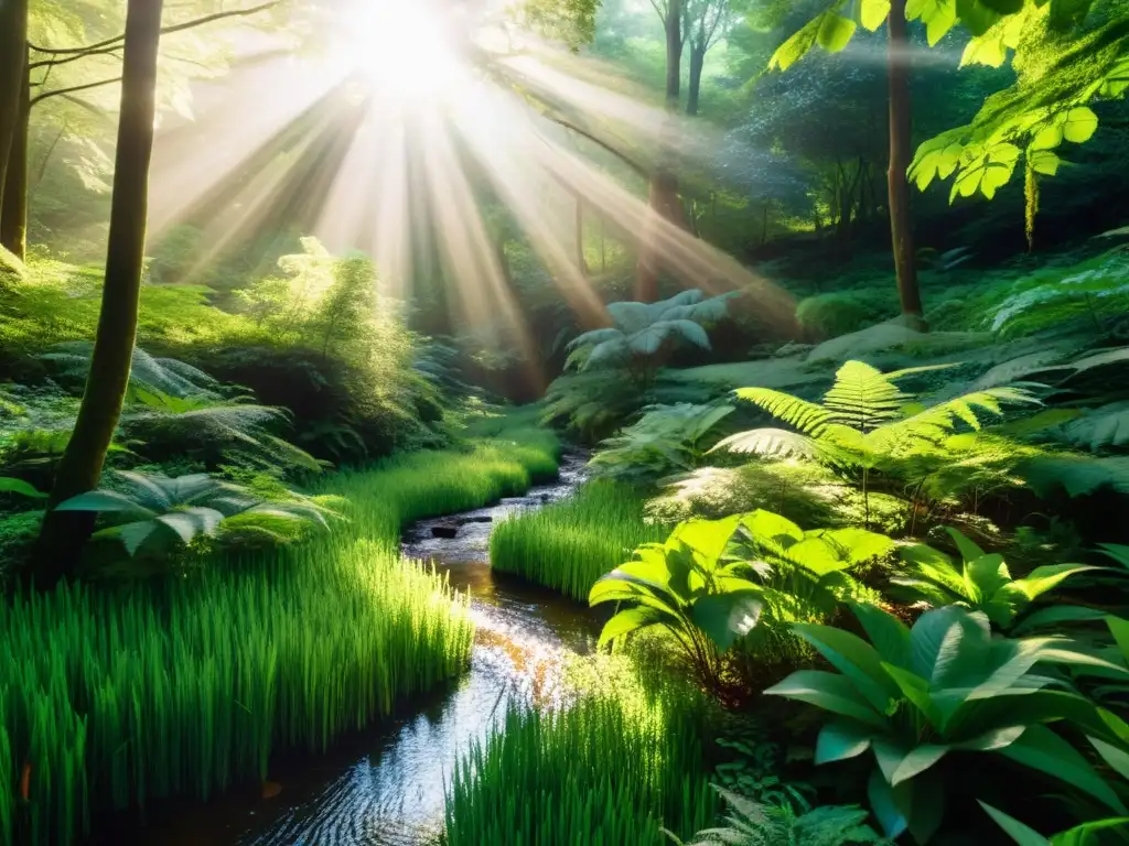 Un bosque exuberante y diverso, con luz solar filtrándose a través del dosel y un arroyo serpenteante