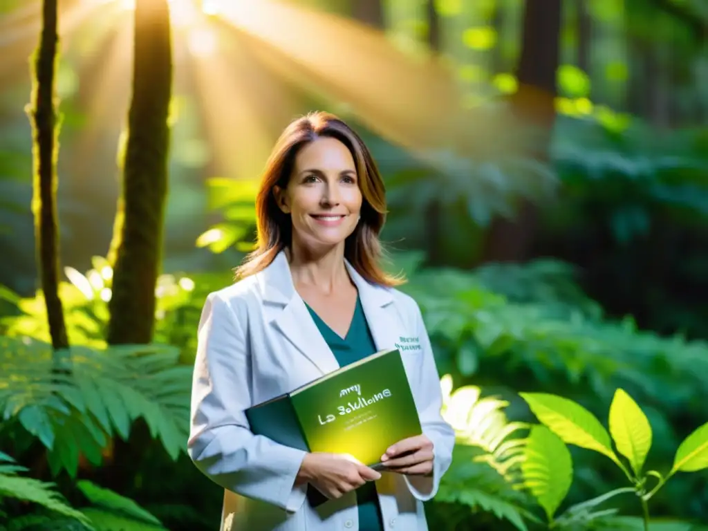 Amy Myers en un bosque exuberante con su libro 'La Solución Autoinmune'