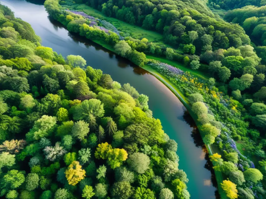 Un bosque exuberante y sereno con un río sinuoso, luz solar filtrándose entre el dosel y flores silvestres