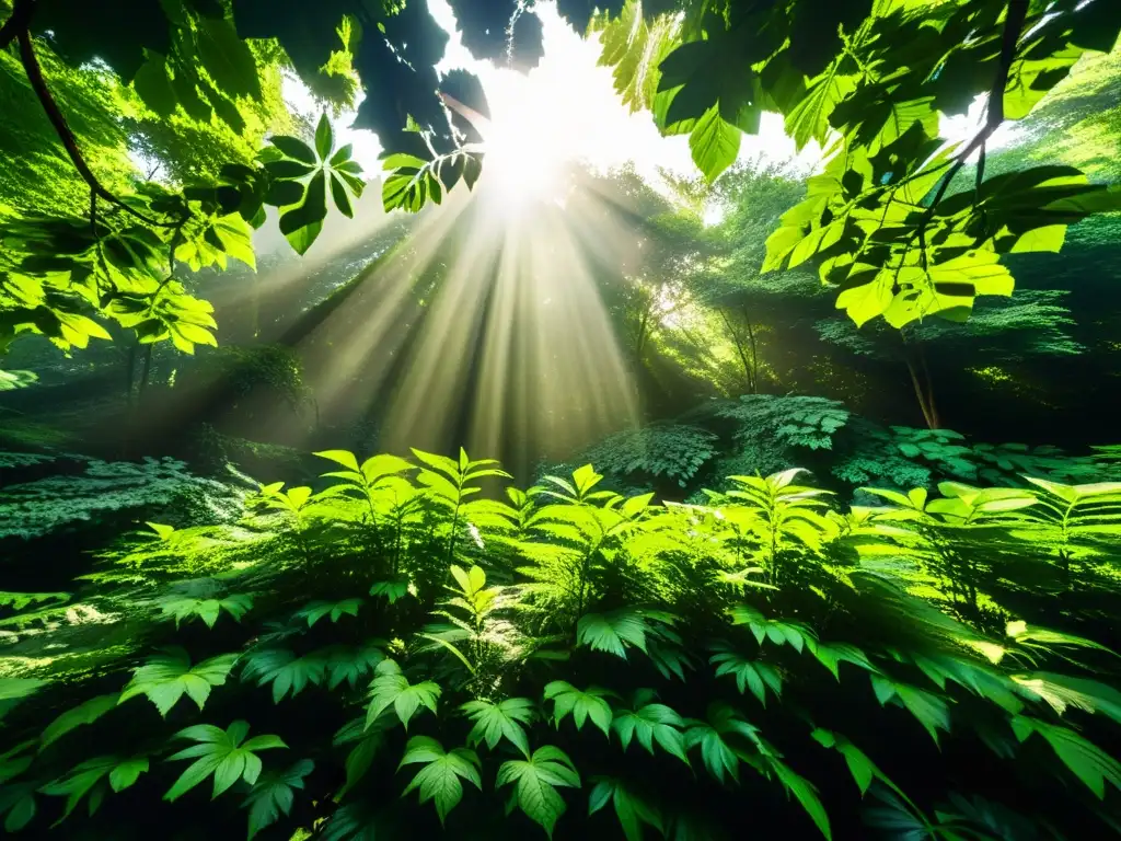 Un bosque exuberante y verde con luz solar filtrándose a través del dosel