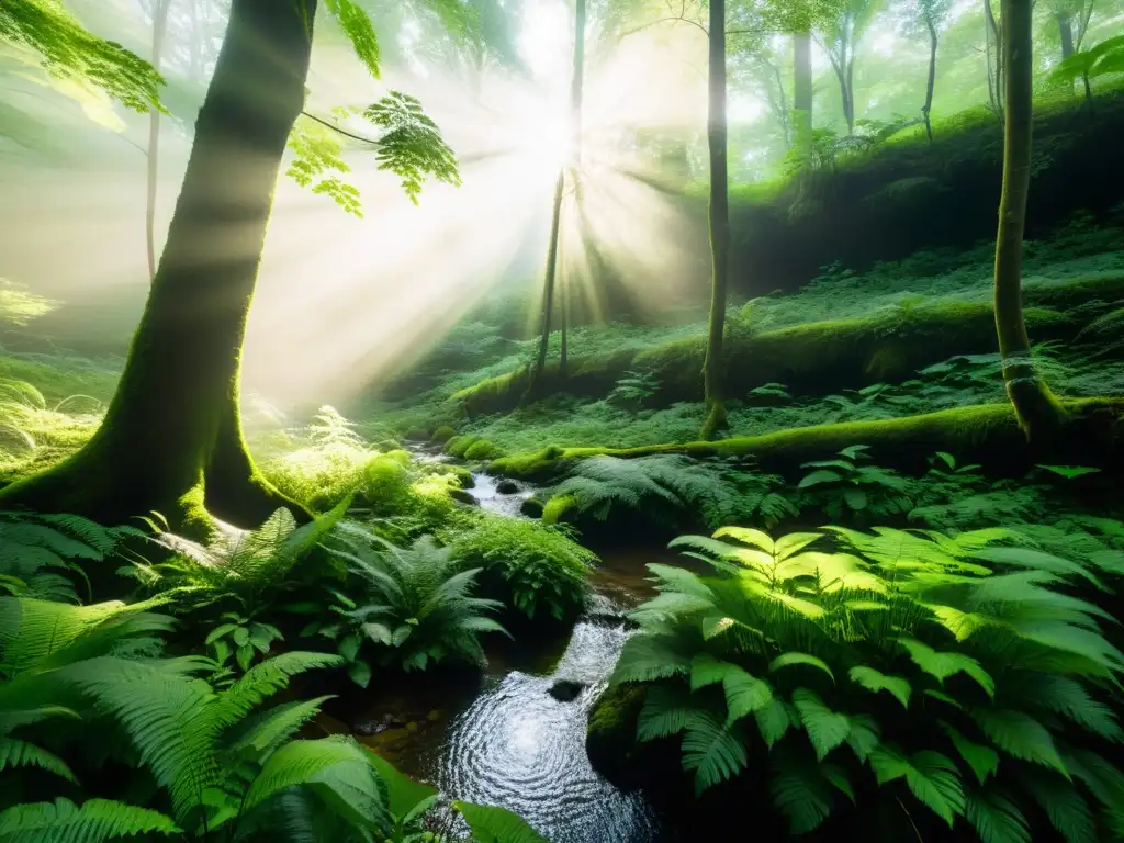 Un bosque sereno y exuberante con rayos de sol creando patrones en el bosque, un arroyo y una neblina etérea