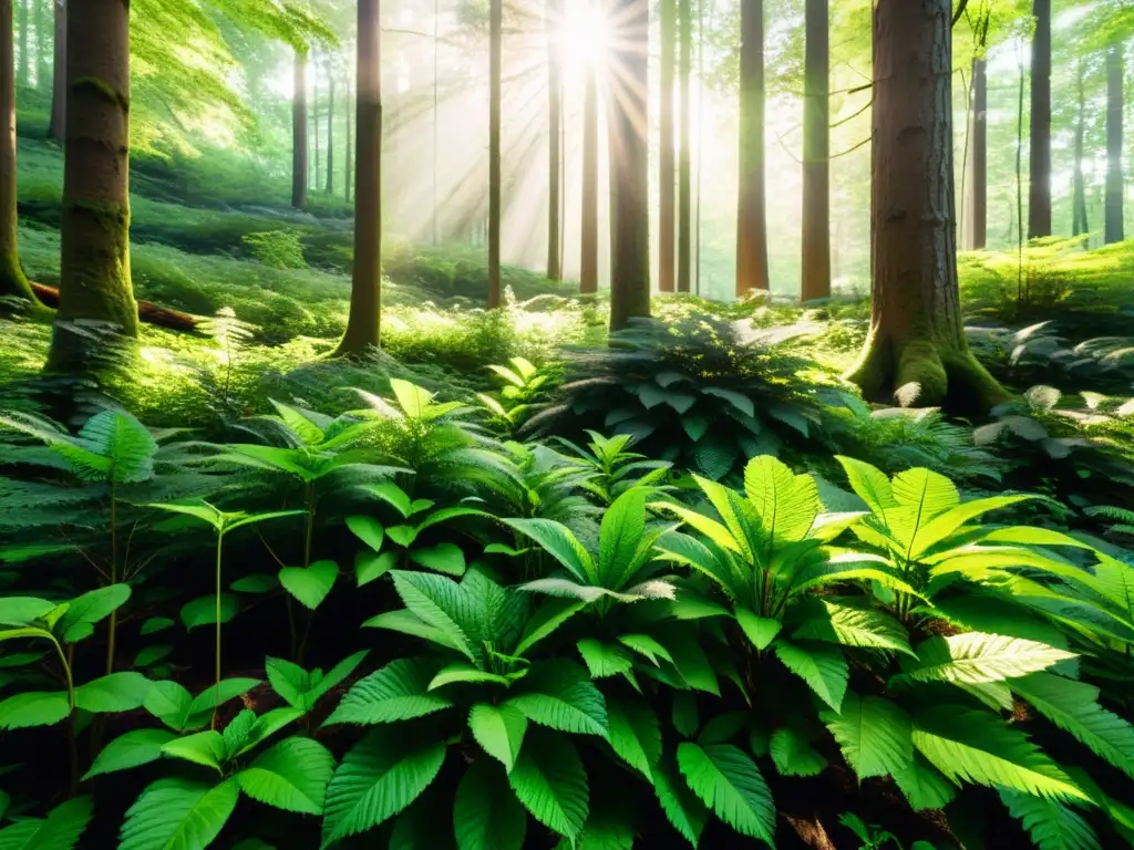 Un bosque vibrante y exuberante, con luz solar filtrándose entre el follaje denso, creando sombras moteadas en el suelo