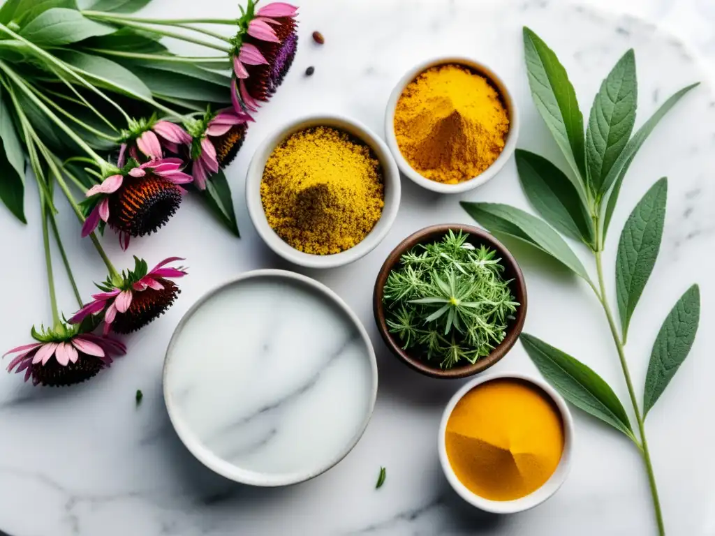 Un bouquet de hierbas antivirales para sistema inmunológico sobre tabla de mármol blanco, bañado por suave luz natural