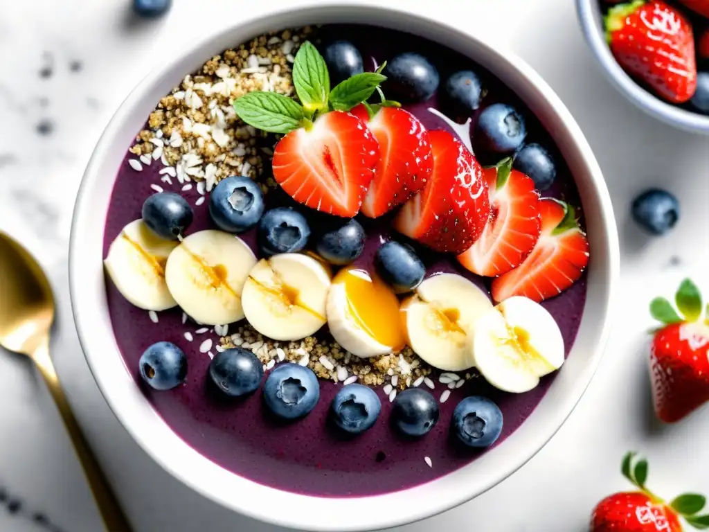 Un bowl de smoothie de acai vibrante y detallado con frutas frescas y semillas de chía