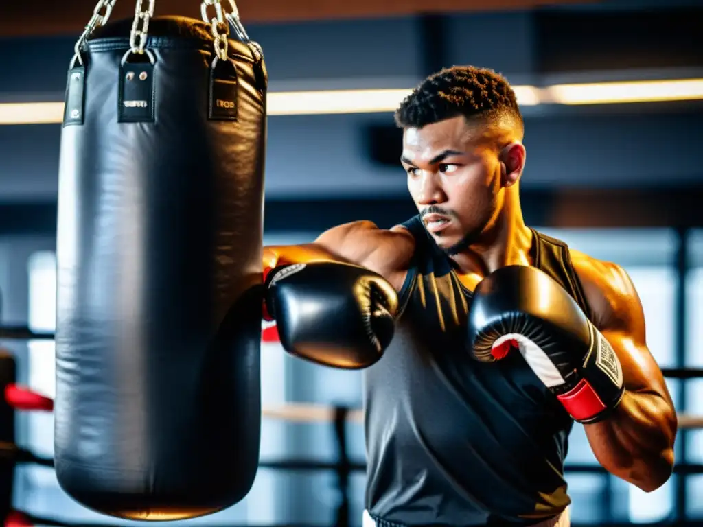 Un boxeador determinado golpea la bolsa pesada en un gimnasio moderno y luminoso, transmitiendo energía y motivación