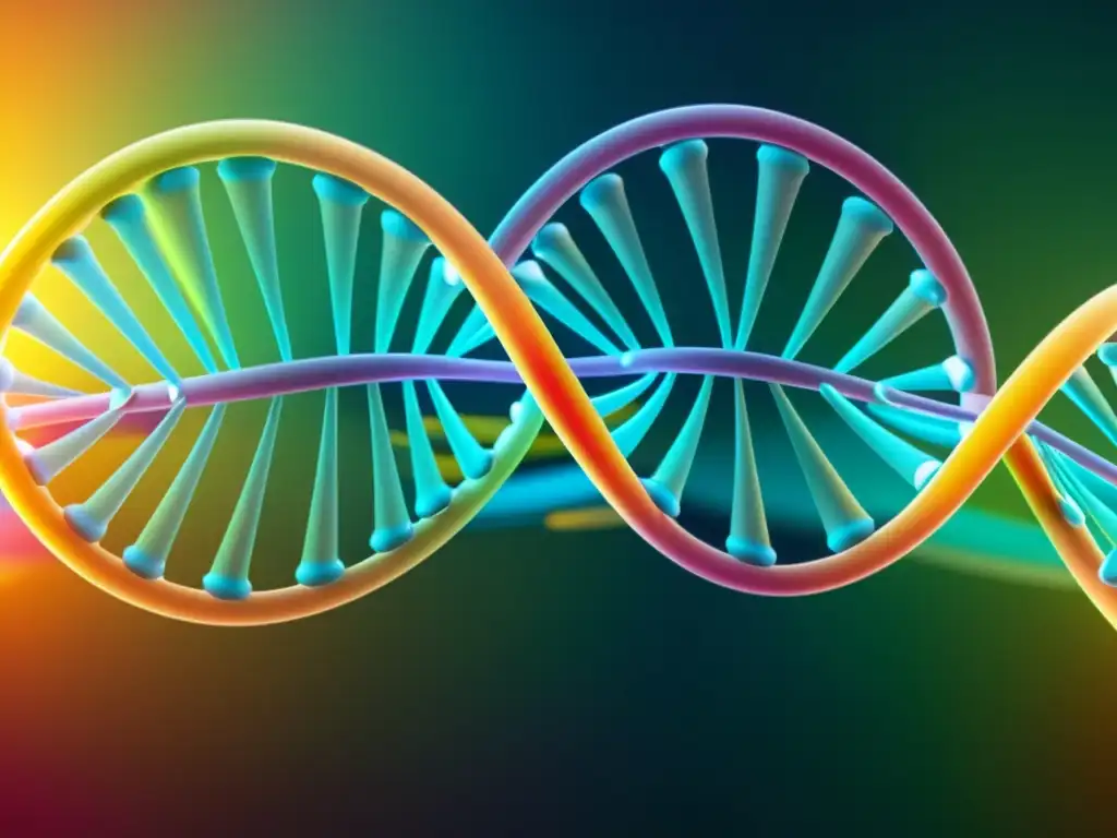 Brillante estructura de ADN con colores vibrantes, simbolizando la compleja interacción entre genes y predisposición enfermedades autoinmunes